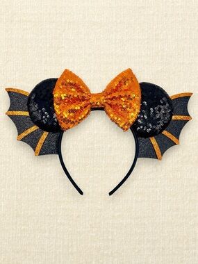Orange & Black Sequin Bat Minnie Ears | Disney-Inspired Halloween Mouse Ears